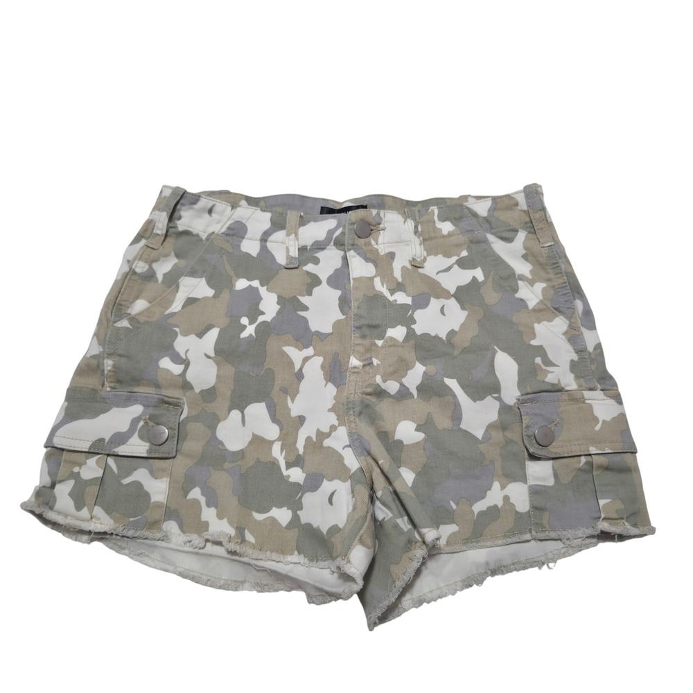 Aqua Womens Camo Cargo Shorts Green Tan White Raw Hem Size 28 Utility Camouflage